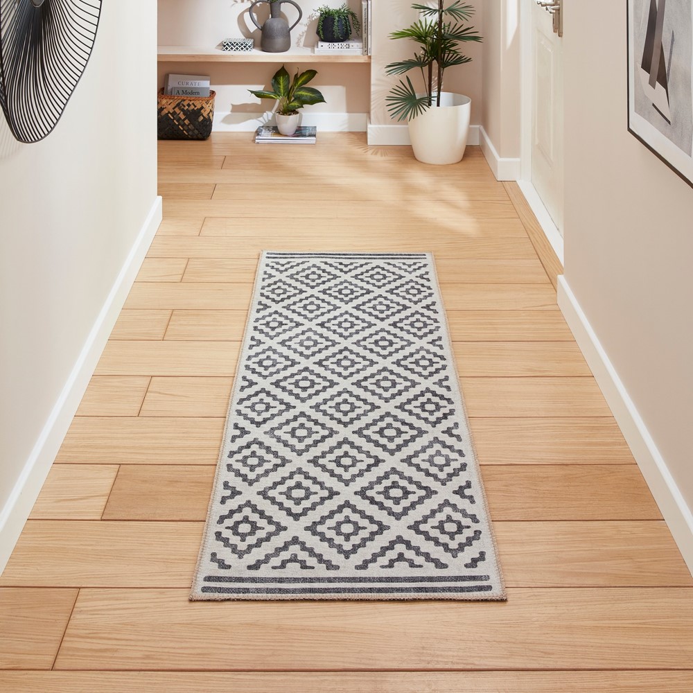 Coral H1058 Modern Washable Geometric Runner Rugs in Grey